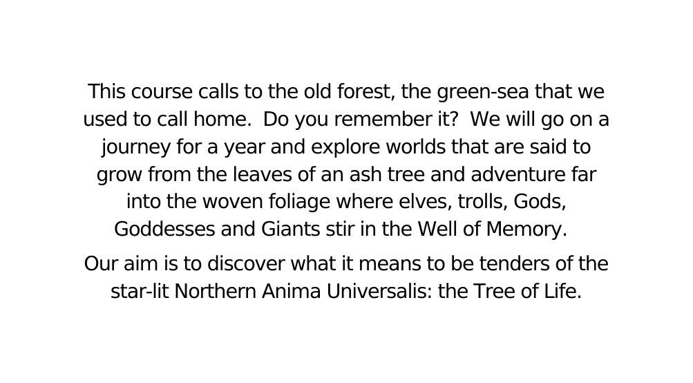 This course calls to the old forest the green sea that we used to call home Do you remember it We will go on a journey for a year and explore worlds that are said to grow from the leaves of an ash tree and adventure far into the woven foliage where elves trolls Gods Goddesses and Giants stir in the Well of Memory Our aim is to discover what it means to be tenders of the star lit Northern Anima Universalis the Tree of Life